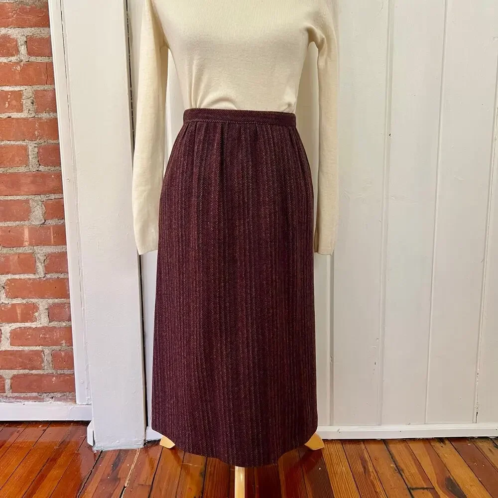 Vintage 90s Abbey Park Wool Midi Skirt Burgundy High Waist Made in USA 10